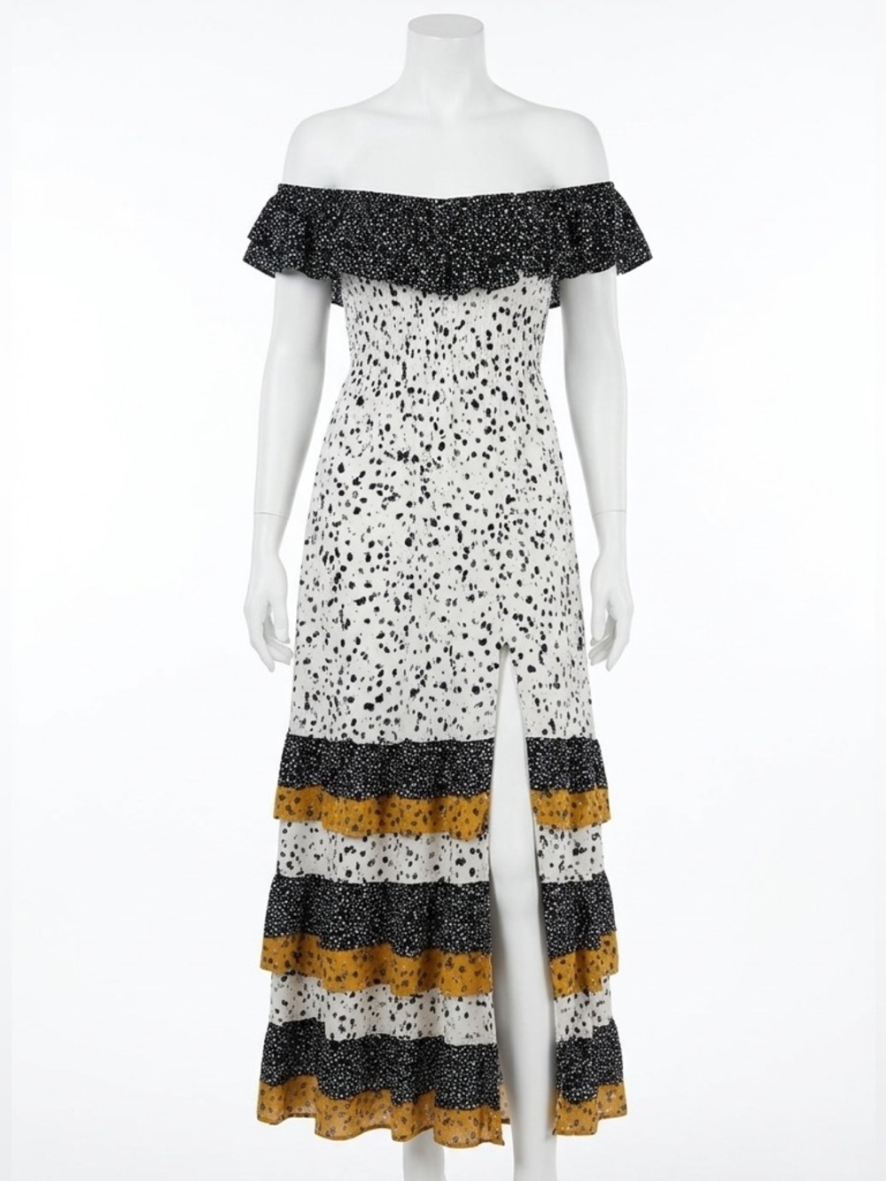 Les Sereine Off Shoulder Smocked Maxi Dress Mixed Print Tiered Slit Large